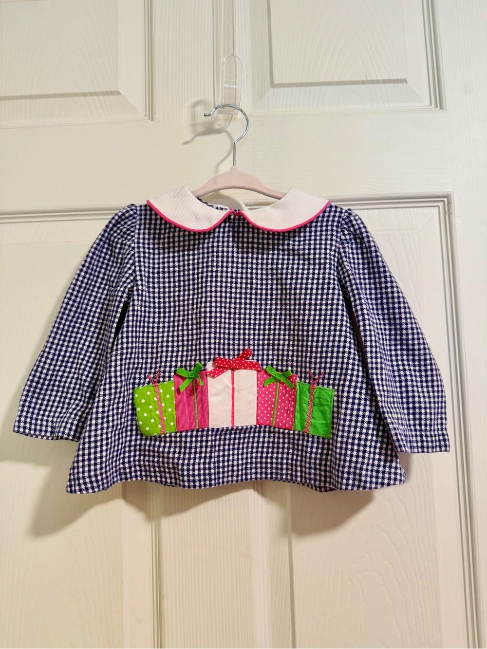 Funtasia Too 2T Navy Check Gingham Christmas Present Appliqué Top Made In USA